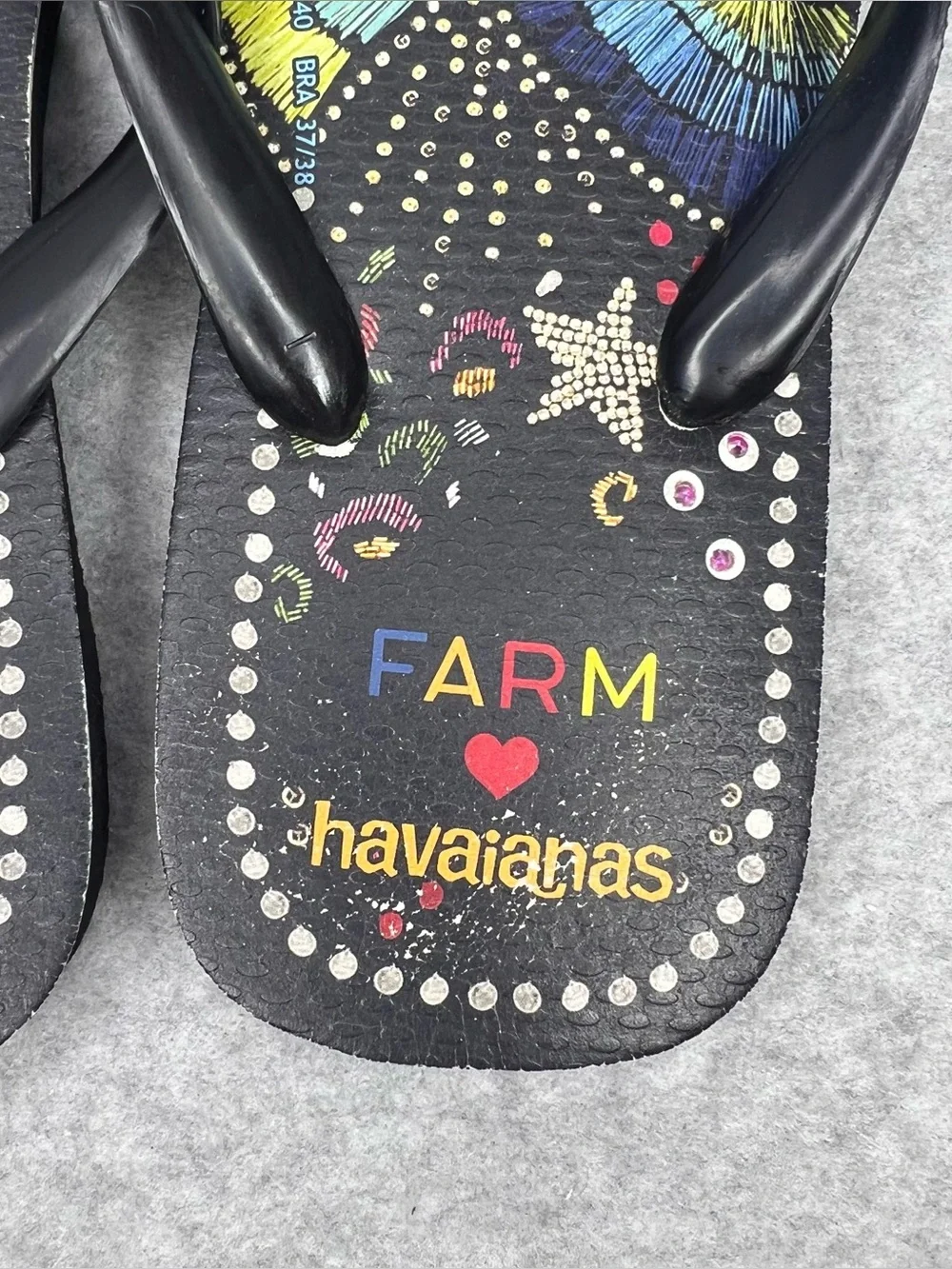 Farm Rio Black Multi Sandal in Black Havaianas Thong Flip Flops Women’s Size 7/8 - Picture 8 of 16